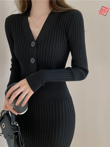 Korean Vintage Elegant Sweater Dress | Long Sleeve Slim Bodycon Midi for Women