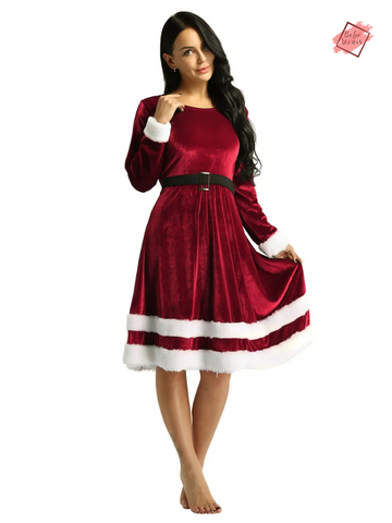 Women's Mrs. Santa Claus Costume: Soft Velvet, Long Sleeve Festive Dress