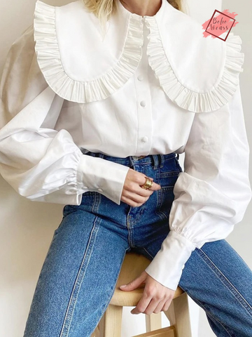 Casual Elegance: 2024 White Ruffle Blouse with Large Peter Pan Collar - Long Sleeve Cotton Top for Women