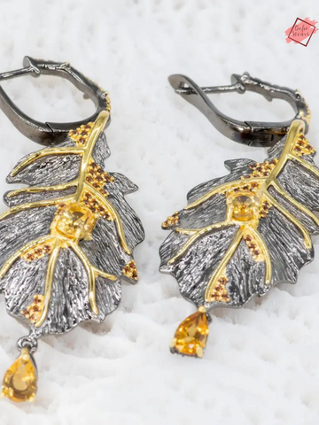 Artistic Monstera Leaves Earrings Inspired by Georgia O'Keeffe with Natural Citrine