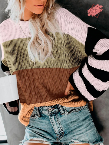 Women's Patchwork Pullover Sweaters - Autumn/Winter Striped Knit Jersey with Long Sleeves