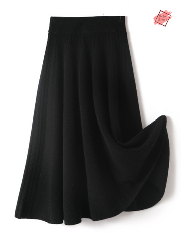 Premium Merino Wool Women's High Waist Knitted Umbrella Twist Pleated Maxi Skirt