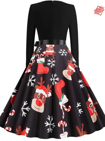 Stylish Winter Casual: Black Big Swing Print Christmas Dress for Women - Festive Fashion