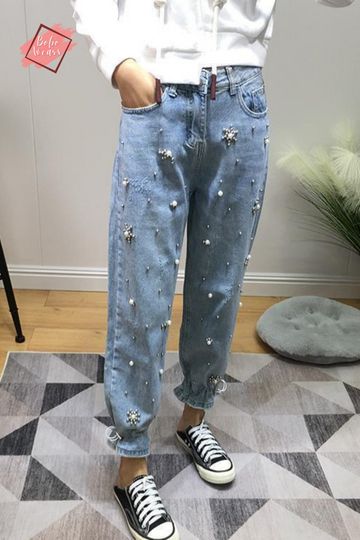 High-Waisted Embroidered Flare Jeans for Women by BohoWears