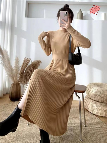 Embrace Elegance this Autumn-Winter with Our Women's A-Line Knit Pleated Dress