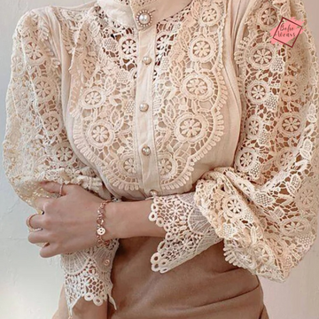 Chic Oversized Chiffon Turtleneck Blouse – Floral Lace Hollow Button Long Sleeve Top for Women 2024