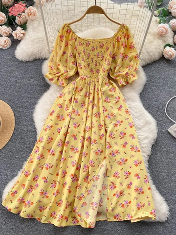 Chic Floral Print Summer Dress with Puff Sleeves for Women - Long Party Dress