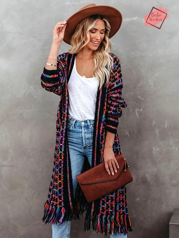 Boho Chic Long Jacket: Vintage Women's Cardigan with Colorful Fringe for Winter Fashion