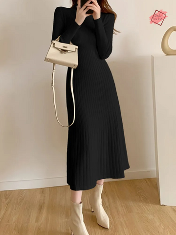 Elegant Knitted Sweater Dress for Women - Slim Long Sleeve Midi Dress (Winter 2024 Collection)