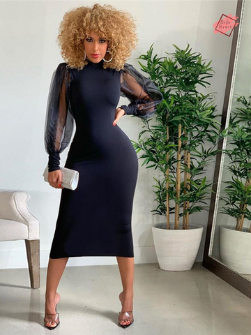 Mesh Puff Sleeve Sexy Bodycon Dresses Women High Neck Club Back Split Black Party Maxi Dress