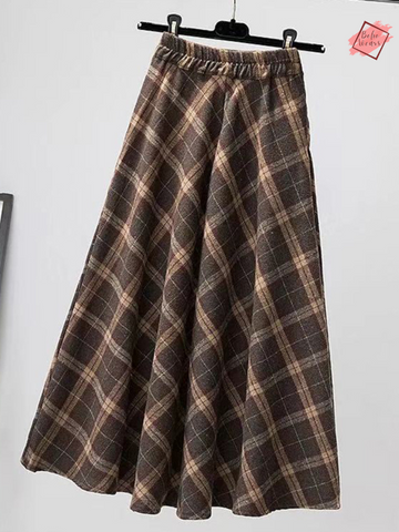 2024 Autumn Winter High Waist Woolen Plaid Skirt – Korean Style A-Line Pleated Long Skirt