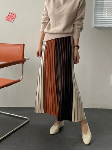 Vintage Maxi Skirt - Warm and Stylish Autumn Winter Knitting Skirt with Thick Stripes