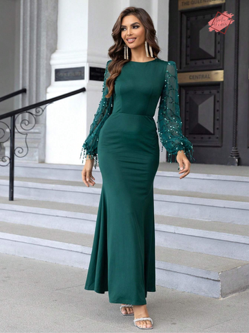 Elegant Evening Gown: Contrast Sequin Mermaid Hem Dress with Lantern Sleeves