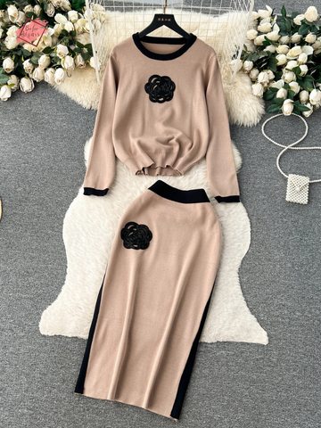 Winter Flower Design Sweater Suit - Elegant Two Piece Knit Set with Long Sleeve Pullover and Elastic Waist Long Skirt