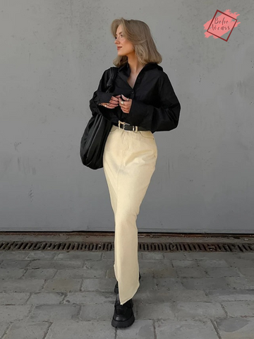 Chic Apricot High Waist Split Skirts for Women - Elegant Mid-Calf Office Cotton Skirts - Casual Straight Style for Street Fashion