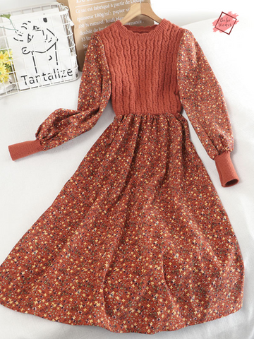 Autumn-Winter Floral Corduroy Knitted Dress with Long Sleeves & Belt - Elegant A-line Sweater Dress for Women