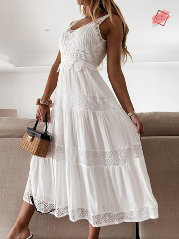 Ethereal White Lace Dress - Elegant V-Neck Dress with Patchwork Detailing