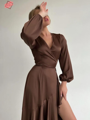 Elegant Brown Satin Wrap Dress with Asymmetrical Design by BohoWears