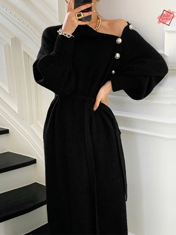 2024 Women's Turtleneck Sweater Dress - Elegant Knitted Long Sleeve with Buttons