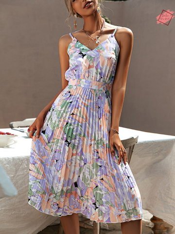 Floral Print Spaghetti Strap Sundress - V-Neck Summer Beach Dress for Women