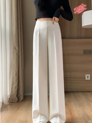 Chic Autumn White Wide Leg Pants - Pleated, High Waist Design for Women - Casual Elegance