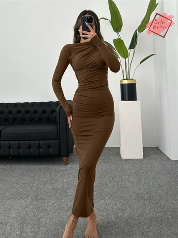 Autumn 2024 Elegance: Slim-Fit Solid Pleated Maxi Dress with Long Sleeves