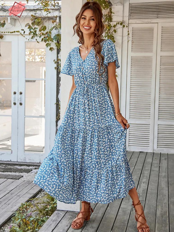 Vintage Floral Print Summer Dress - Bohemian Beach Vibes for a Casual and Loose Fit | BohoWears