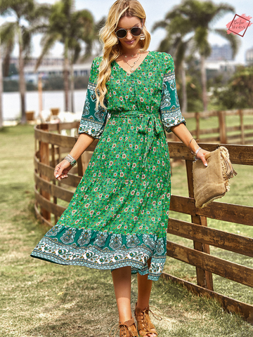 Floral Boho A-line Dress with Side Slit | V-Neck Long-Sleeved Summer Fashion | Casual Vacation Wear for Women