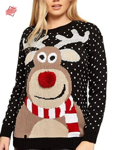 Cozy and Cute: Autumn and Winter Women's Reindeer Print Christmas Sweater with Warm Fur Collar