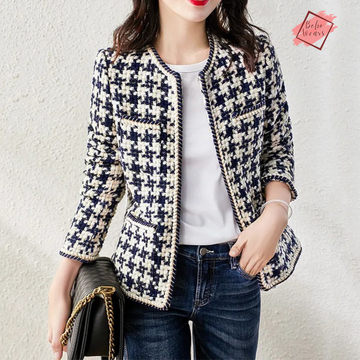 2024 Women's Elegant Tweed Blazer: Autumn/Winter Casual Plaid Coat with Pockets and Lining