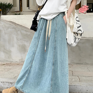 Korean Style Long Denim Skirt 2024 – High Waist Lace-Up A-Line Jeans Skirt for Women