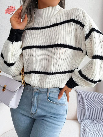 Chic Autumn/Winter Fashion: Women's Striped Turtleneck Knit Sweater