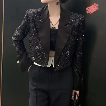 Elegant Sequined Crop Jacket - Vintage-inspired Women's Blazer for Spring and Autumn