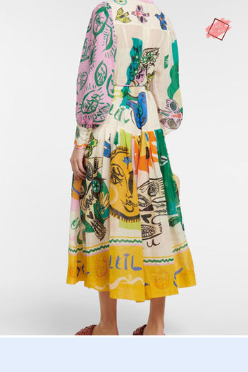 Expressive Graffiti A-Line Dress: Long Puff Sleeves, High Waist, and Pleated Elegance