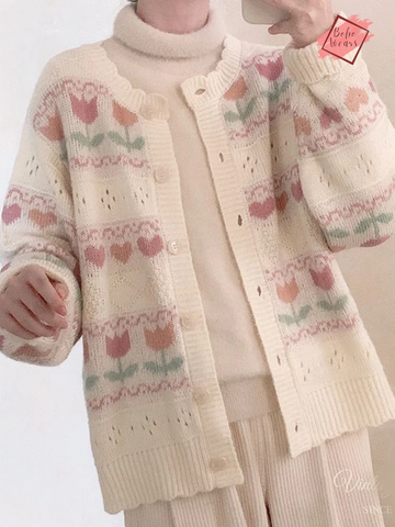 Chic Knitted Print Cardigan for Women - Sweet Japanese Style, Hollow Out Casual Sweater