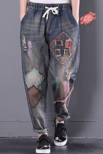 Ripped Jeans for Women - Fall Vintage Embroidered Jeans with Artistic Patchwork and Vintage Harem Design