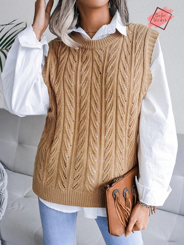 Women's Sleeveless Knitted Vest: Casual Hollow Leaf Pullover, Solid Round Neck Sweater for Autumn & Winter