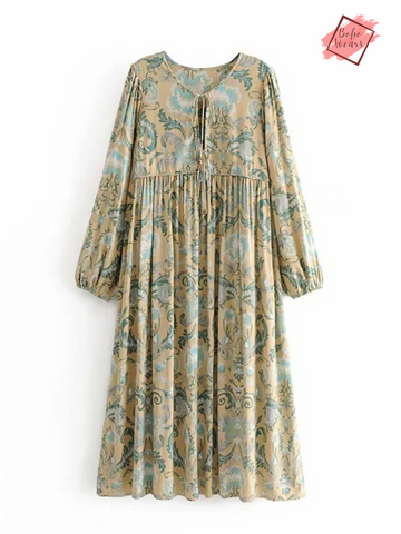 Vintage Inspired Lace-up V-neck Boho Dress: Women's Floral Print Midi Beachwear