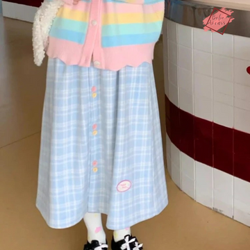 Kawaii Patchwork Plaid Skirt - Cute Blue Woolen Long Skirt - Elastic Waist - Winter A-line Button Style