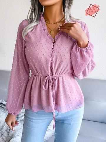 Spring/Summer Women's V-Neck Blouse - Lantern Long Sleeve, Solid Color with Waist Button Detail