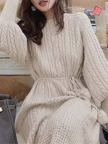 Autumn/Winter Women's Retro Knitted Sweater Dress: Elegant, Over-the-Knee Loose Fit