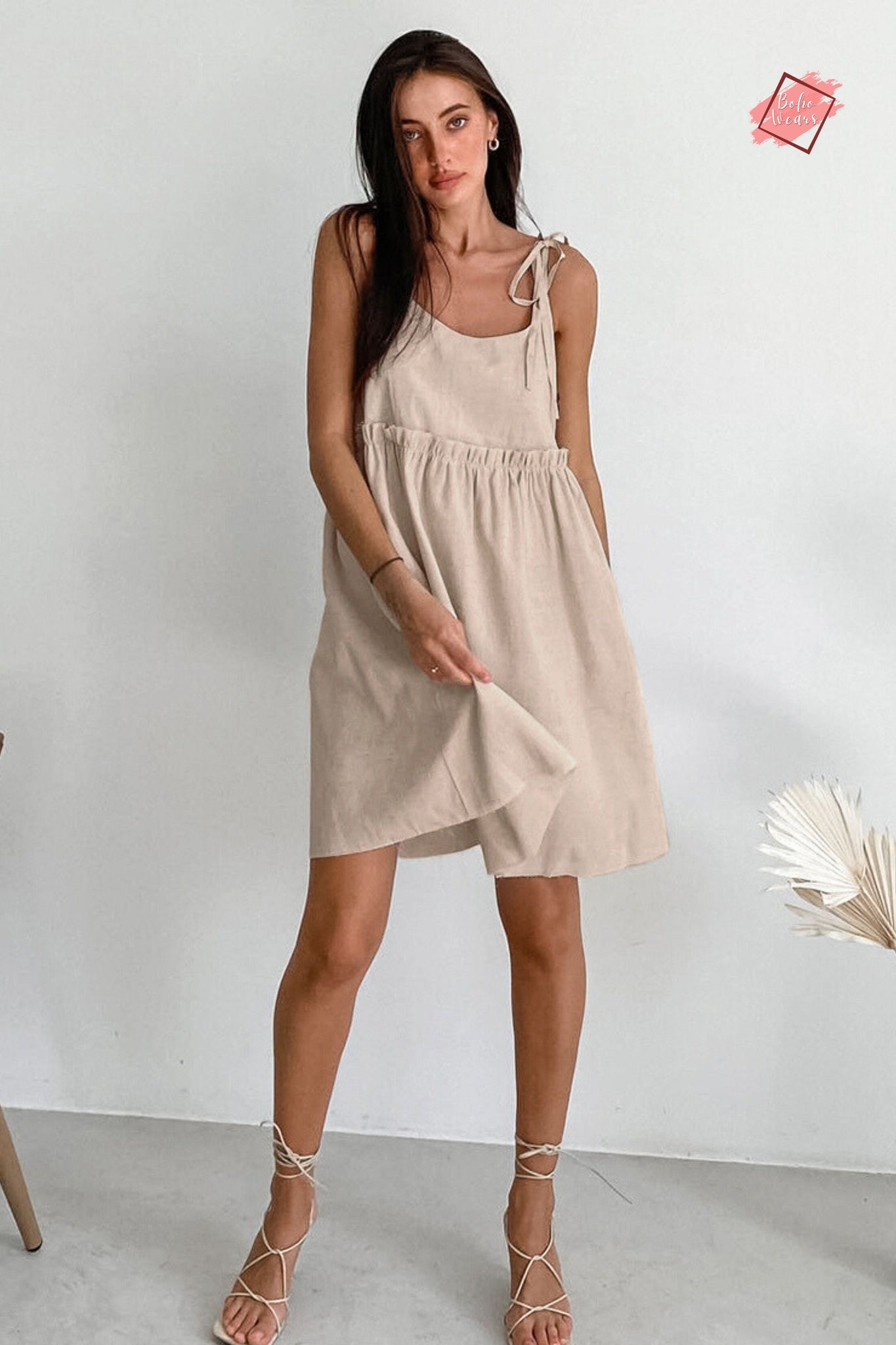 Linen A-Line Mini Dress with Spaghetti Straps and Lace-Up Detail - BohoWears Women's Summer Fashion