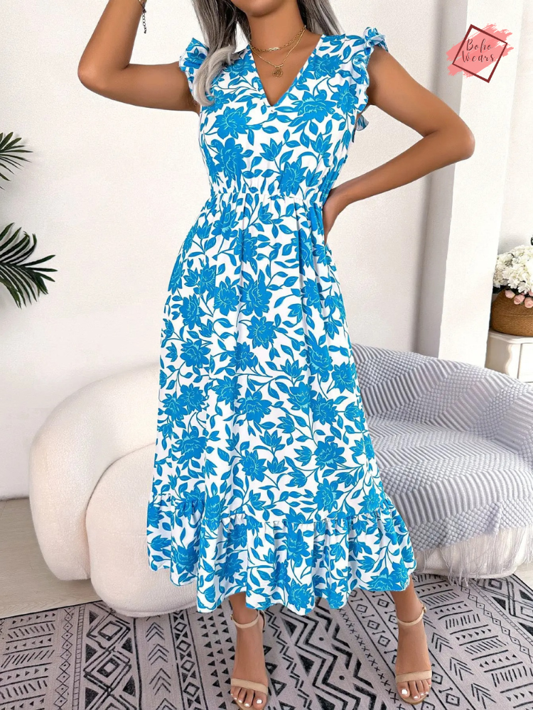 Floral Wood Ear Edge Long Dress - High Waist Summer Casual Women's Fashion