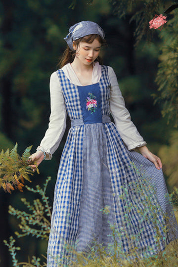 Blue Vintage Embroidered Cotton Linen Plaid Prairie Dress for Women - English Country Style