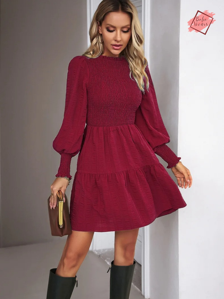 BohoWears Autumn/Winter Casual A-Line Dress - O-Neck, Puff Sleeve, Above Knee with Ruffles for Women