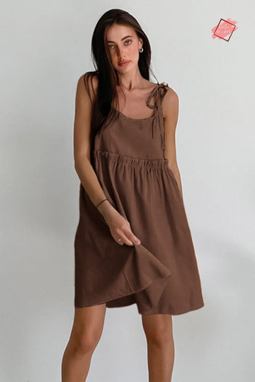 Linen A-Line Mini Dress with Spaghetti Straps and Lace-Up Detail - BohoWears Women's Summer Fashion