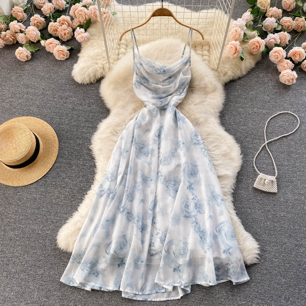 Damen Blumen-Spaghettiträger-Boho-Urlaubs-Strand-Sommerkleid