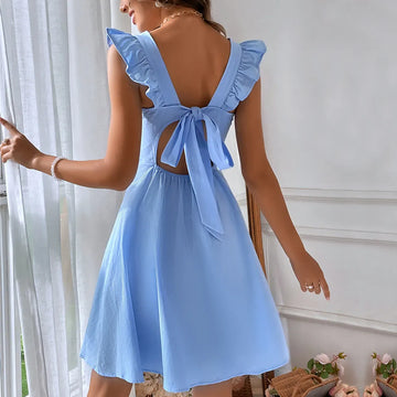 Women's Cotton Summer Vintage Dress With Square Collar & Petal Sleeves