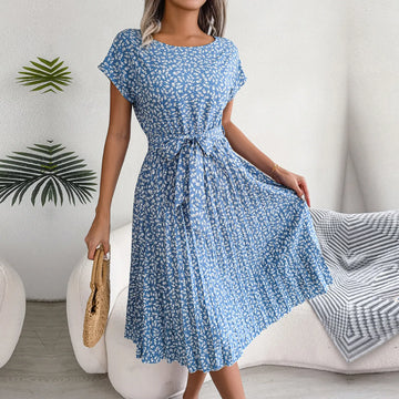 Robe trapèze plissée à fleurs Boho pour femmes, robe chic taille haute d'été