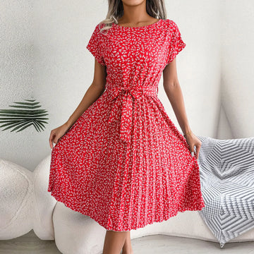 Women's Boho Floral Pleated A Line Dress, Summer High Waist Chic Dress